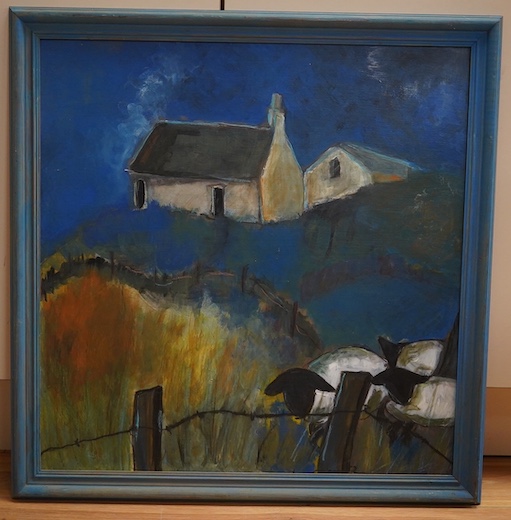 Margaret Worster, contemporary oil on board, Sheep before cottages, unsigned, 60 x 58cm. Condition - good